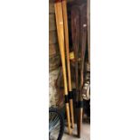 Two pairs of vintage oars to/w a shepherds crook and a duck handle walking stick (6)