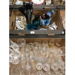 Boxes of glass ware, pair of cloisonne vases, butter dish, antique parasol etc. (2)