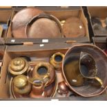 A box of assorted metalware comprising planished copper container, coffee pots, trays etc. and a box