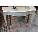 French painted serpentine front console table with single drawer raised on cabriole supports