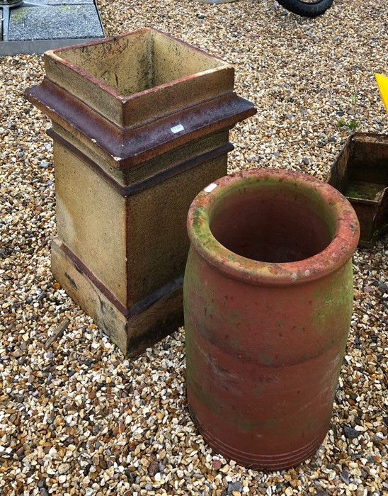 An old circular terracotta chimney pot to/w another square chimney pot (2)