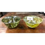 A pair of mottled spinach-green, semi-translucent Chinese bowls, each one 10 cm diameter (2)