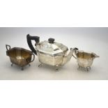A heavy quality silver three piece tea service, Viners, Sheffield 1945, 29.6 oz gross