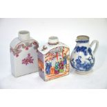 Two Chinese Export porcelain tea caddies: one in famille rose depicting Manchu/Chinese figures;