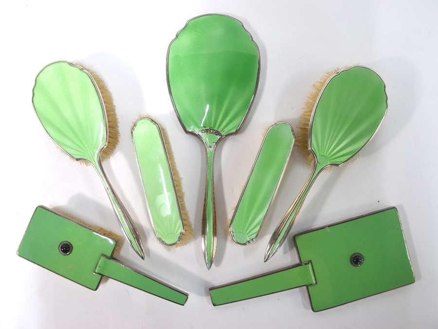 A silver and green basse-taille enamel five-piece brush set, Atkin Bros., Birmingham Jubilee - Image 2 of 5