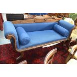 A Regency style carved hardwood framed scroll end sofa, upholstered in blue fabric to/with a pair of