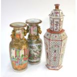 Three Chinese export porcelain vases, comprising: one of hexagonal, tapering form decorated with