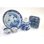 Five pieces of Chinese blue and white porcelain, comprising: two Chinese Export teabowls; a square