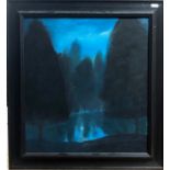 Christopher P Wood - Trees reflected in moonlit lake, oil on canvas, inscribed to reverse 'For