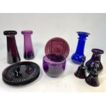 A collection of amethyst glass, comprising:  Two hyacinth bulb vases, finger bowl, baluster vase,