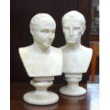 A pair of Italian alabaster classical busts on waisted socles, Julius Caesar and another, 22 cm