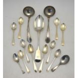A Victorian silver fiddle pattern tablespoon, Charles Wallis, London 1853 to/w a pair of heavy