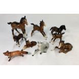 Six Beswick Foals - Large foal, bay; Foal sitting, bay; Foal sitting, grey; Small foal, bay; Fell