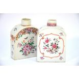 Two Chinese Export, famille rose tea caddies of typical design; each one decorated with floral