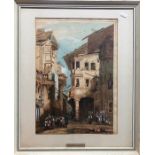 Manner of Samuel Prout (1783-1852) - A Continental town at market time, watercolour, 40 x 27 cmAreas