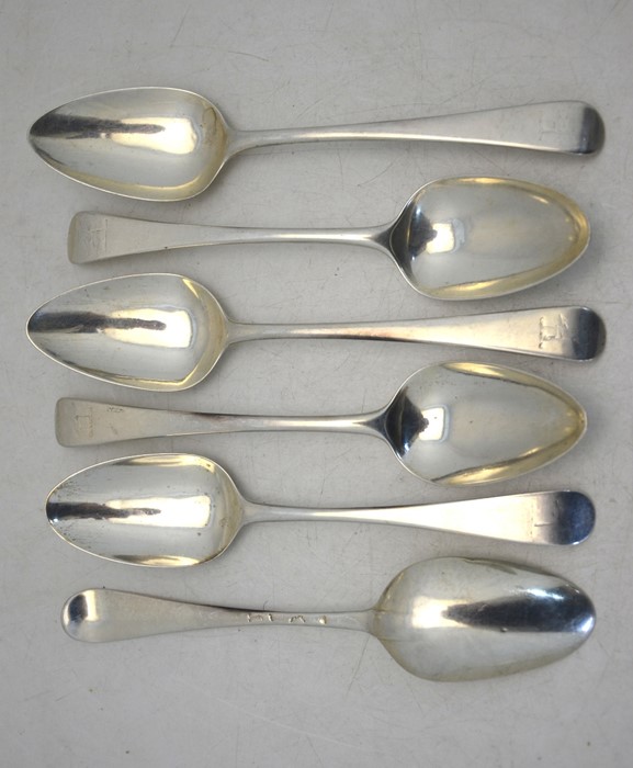 Six George III OEP silver table spoons, various makers and dates (all with same crest), 13.5 oz