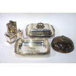 A pair of electroplated entrée dishes and covers, to/w a plated on copper tea caddy of square