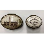 Two Georgian Battersea/Bilston enamel patch-boxes - Salisbury Cathedral and 'Look within and You may