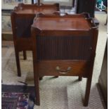 A companion (handed) pair of Georgian style mahogany night tables, the tray tops over tambour