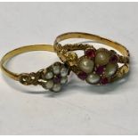 Two Victorian yellow gold daisy rings set with pearl and garnet clusters, each with open