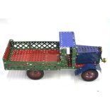 A vintage Meccano model lorry with blue cab and open back, 43 cm