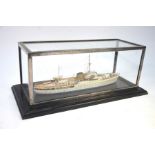 A scratch-built model ship - HMS Philante, 31 cm long in glazed silver-plated case on ebonised