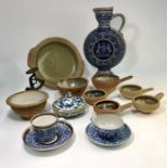 Leech Pottery - Four glazed stoneware wine tasters and a similar larger bowl, sugar bowl and a