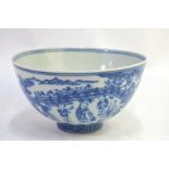 A Chinese blue and white bowl, decorated on the exterior with a continuous landscape of boys at