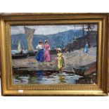 A Hahn - A Russian beach scene with figures, oil on board, signed lower left, 29 x 41 cm