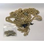 A collection of various pearls - 1920s long ribbon style with blue bead tassle, triple row with