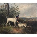 English school - Study of two long legged Jack Russells in a landscape, oil on canvas,