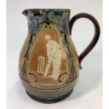 Cricket interest - Doulton Lambeth stoneware baluster jug decorated with three panels depicting a