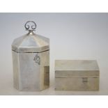 A silver Sheraton Revival tea caddy with hinged cover and canted corners, Walker & Hall (probably)