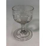 A antique short stemmed glass, cup bowl graved with 'God Save the King, G crown R', plain stem,