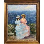 20th century Russian School - Two ladies on a terrace with sea beyond, indistinctly signed A Petuhov