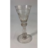 A Williamite style wine glass, conical bowl engraved with a figure on horseback beneath an