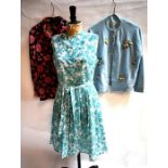 A collection of vintage and other ladies clothing comprising; a pale blue, floral embroidered