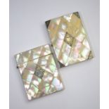 Two mother of pearl visiting card cases - one with engraved white metal mounts