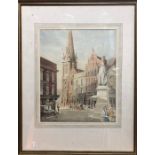 C R Roberts - A town view with horse drawn dray and statue, watercolour, 38.5 x 31 cm