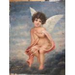 Continental school - Angel in the clouds, oil on board, signed lower left, 25 x 20 cm