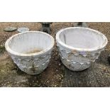A pair of large marble planters with relief-carved bands.  60cm diameter one showing old cracks
