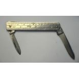 A silver penknife, the handle engraved as a ruler, with two steel blades, Cohen & Charles, Sheffield
