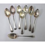 Nine various George III silver OEP table spoons, various makers and dates, including a pair by