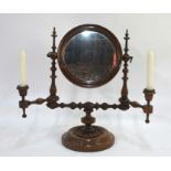 A 19th century turned walnut vanity mirror on stand flanked by two candle arms, 40 cm h o/a to/