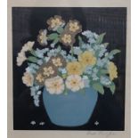 John Hall Thorpe (1874-1947) - Forget me nots and Primulas in blue vase, colour woodcut, pencil