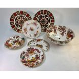 A small collection of Royal Crown Derby comprising:  Two Imari decorated dinner plates, pattern