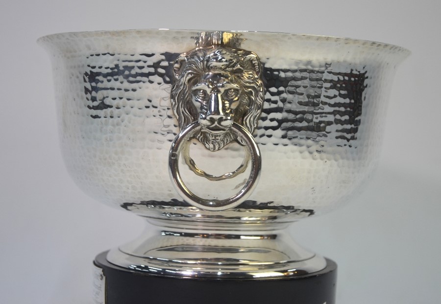 A planished silver rose-bowl with lion mask and ring handles, on flared foot rim, Edward Barnard & - Image 2 of 3