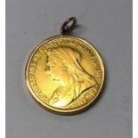A Victorian old head gold sovereign dated 1901, mounted, approx 8.6g