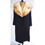A bespoke French navy wool bouclé lady's coat with white fox fur collar and  matching dress with