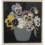 John Hall Thorpe (1874-1947) - Pansies in a blue vase, colour woodcut, pencil signed to lower